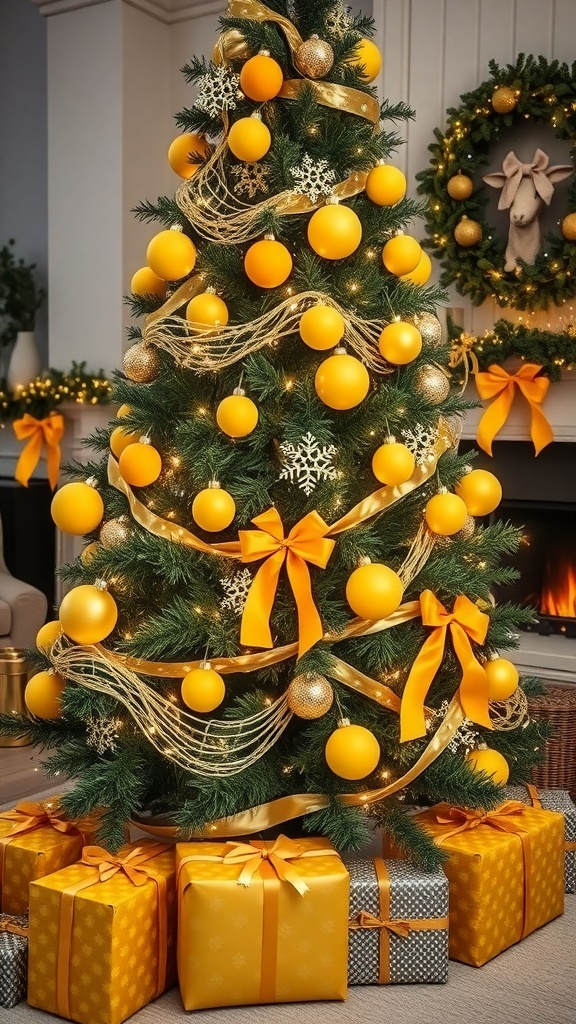 A vibrant yellow themed Christmas tree with ornaments, ribbons, and warm lights in a cozy living room.